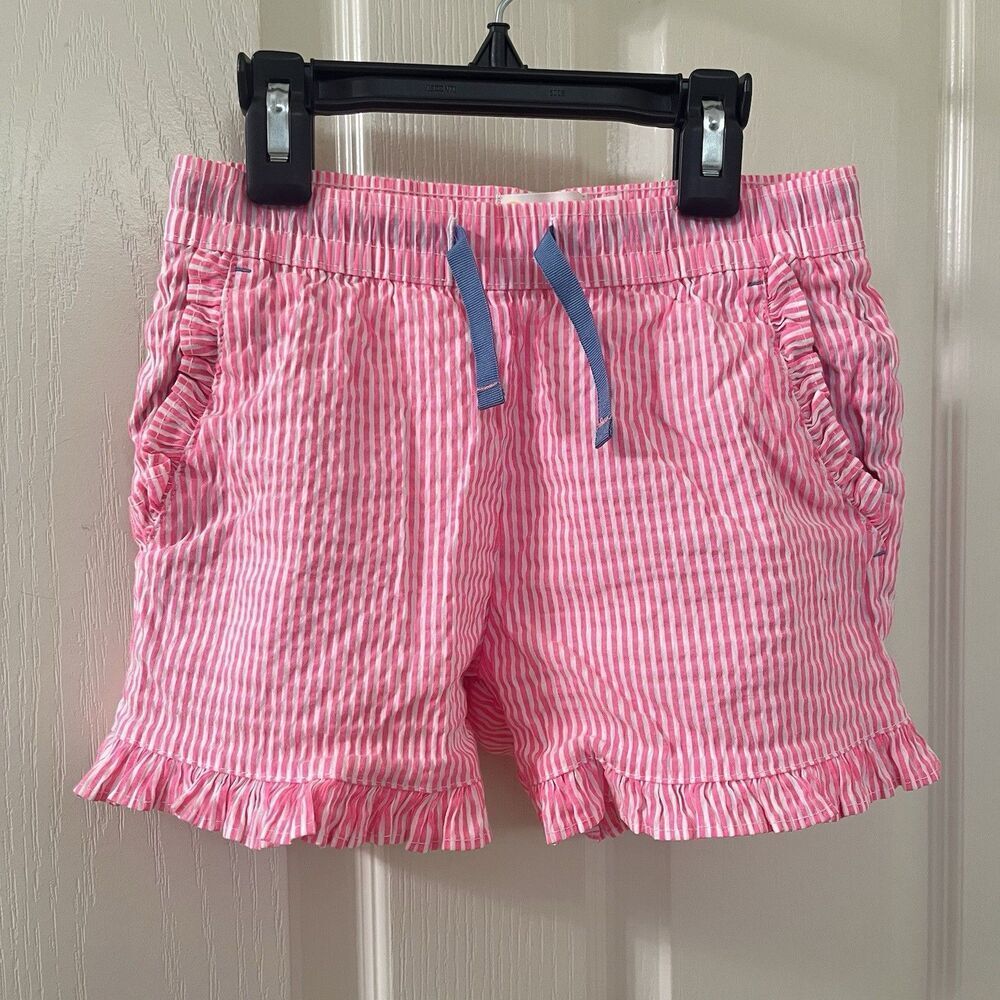 Mini Boden Pink Striped Seersucker Ruffle Shorts Girls Size 8